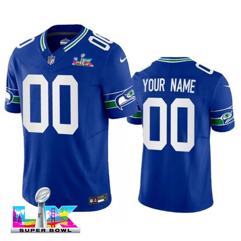 Youth Seattle Seahawks Custom Royal Super Bowl LX Vapor F.U.S.E. Vapor Limited Stitched Football Jersey