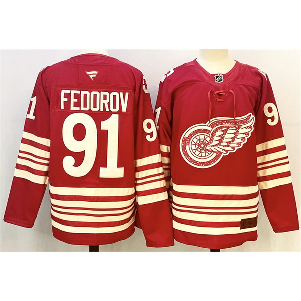 Men's Detroit Red Wings #91 Sergei Fedorov Red 2025-26 Centennial Premium Stitched Hockey Premium Jersey Men's Detroit Red Wings #91 Sergei Fedorov Red 2025-26 Centennial Premium Stitched Hockey Premium Jersey
