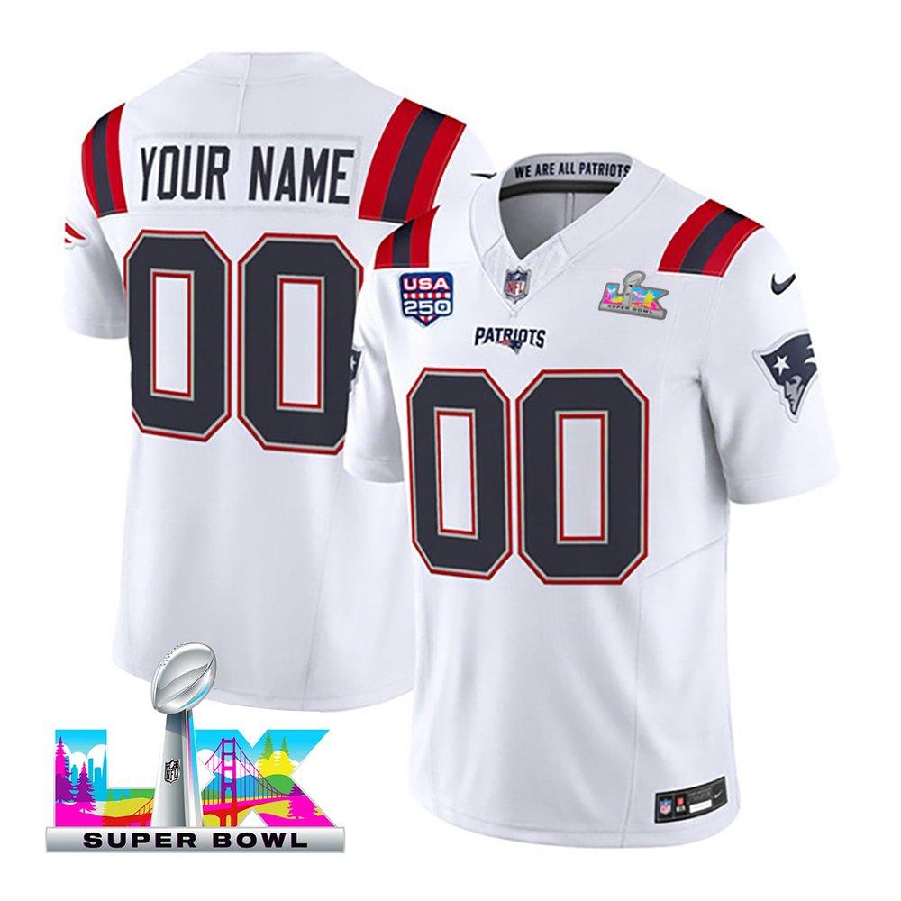 Men's New England Patriots Custom White Super Bowl LX Patch USA 250' Patch Vapor F.U.S.E. Limited Jersey