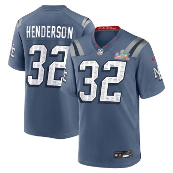 Men's New England Patriots #32 TreVeyon Henderson Blue Super Bowl LX Patch Rivalries Collection Game Jersey