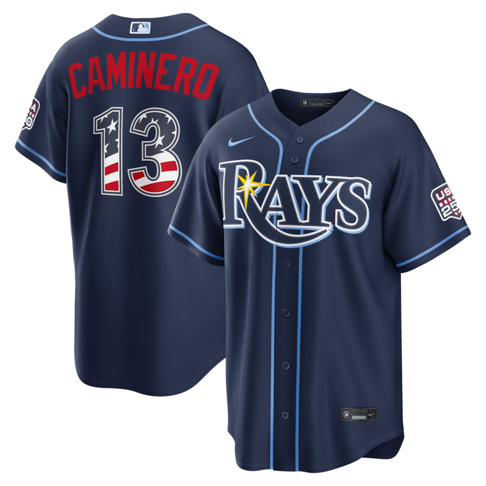 Youth Tampa Bay Rays #13 Junior Caminero Nike Navy USA 250 Fourth of July Road Stadium Jersey Youth Tampa Bay Rays #13 Junior Caminero Nike Navy USA 250 Fourth of July Road Stadium Jersey