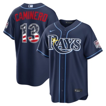 Youth Tampa Bay Rays #13 Junior Caminero Nike Navy USA 250 Fourth of July Road Stadium Jersey Youth Tampa Bay Rays #13 Junior Caminero Nike Navy USA 250 Fourth of July Road Stadium Jersey