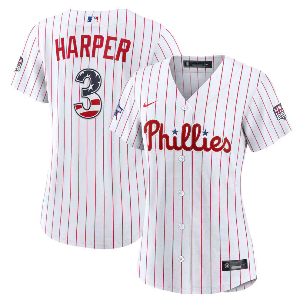 Women's Philadelphia Phillies #3 Bryce Harper Nike White 2026 All-Star Edition Stars & Stripes Stadium Jersey Women's Philadelphia Phillies #3 Bryce Harper Nike White 2026 All-Star Edition Stars & Stripes Stadium Jersey