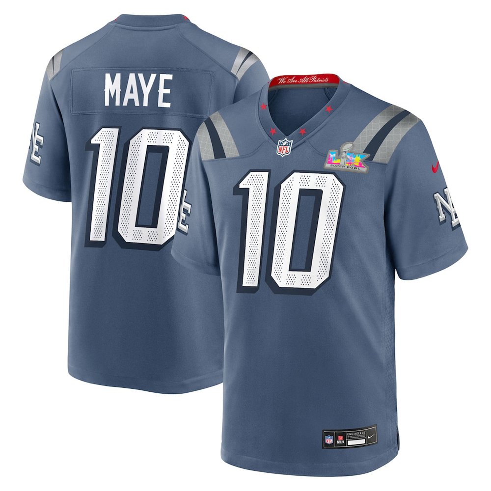 Youth New England Patriots #10 Drake Maye Blue Super Bowl LX Patch Rivalries Collection Game Jersey