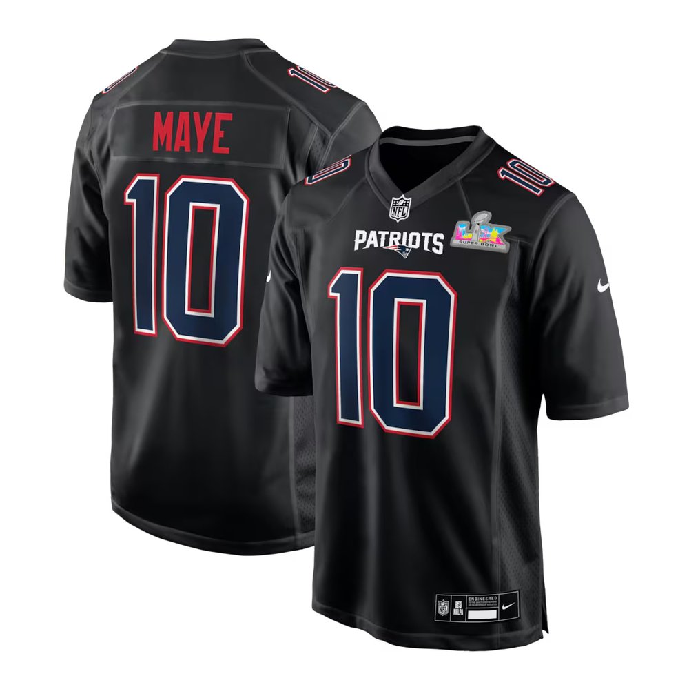 Men's New England Patriots #10 Drake Maye Black Super Bowl LX Patch Carbon Fashion Game Jersey