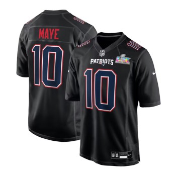 Men's New England Patriots #10 Drake Maye Black Super Bowl LX Patch Carbon Fashion Game Jersey