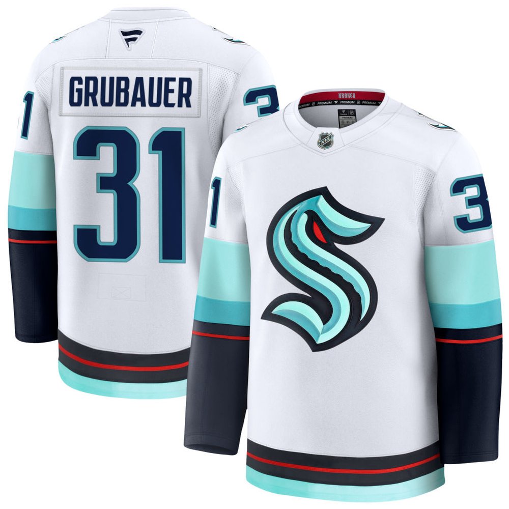 Men's Seattle Kraken #31 Philipp Grubauer White Away Premium Jersey Men's Seattle Kraken #31 Philipp Grubauer White Away Premium Jersey