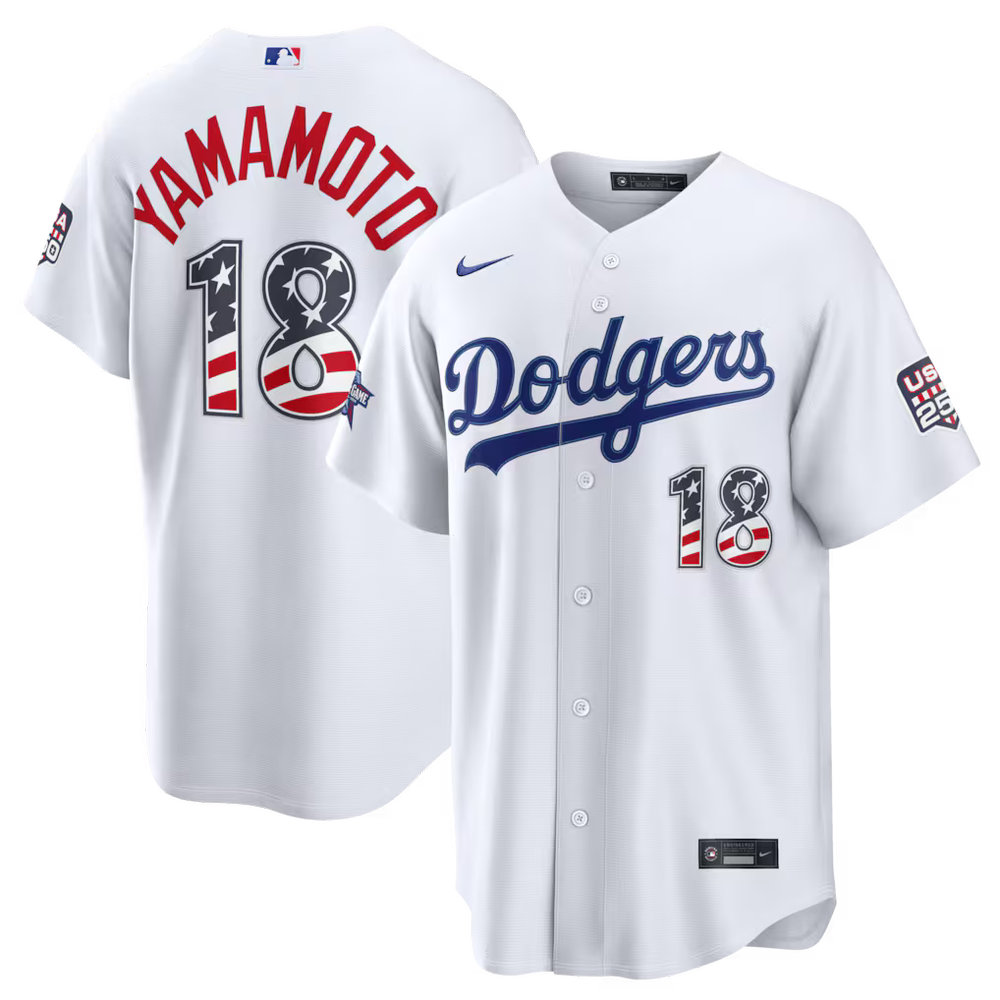 Men's Los Angeles Dodgers #18 Yoshinobu Yamamoto Nike White 2026 All-Star Edition Stars & Stripes Stadium Jersey Men's Los Angeles Dodgers #18 Yoshinobu Yamamoto Nike White 2026 All-Star Edition Stars & Stripes Stadium Jersey