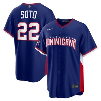 Men's Dominican Republic Baseball #22 Juan Soto Royal 2026 World Baseball Classic Road Stadium Jersey Men's Dominican Republic Baseball #22 Juan Soto Royal 2026 World Baseball Classic Road Stadium Jersey