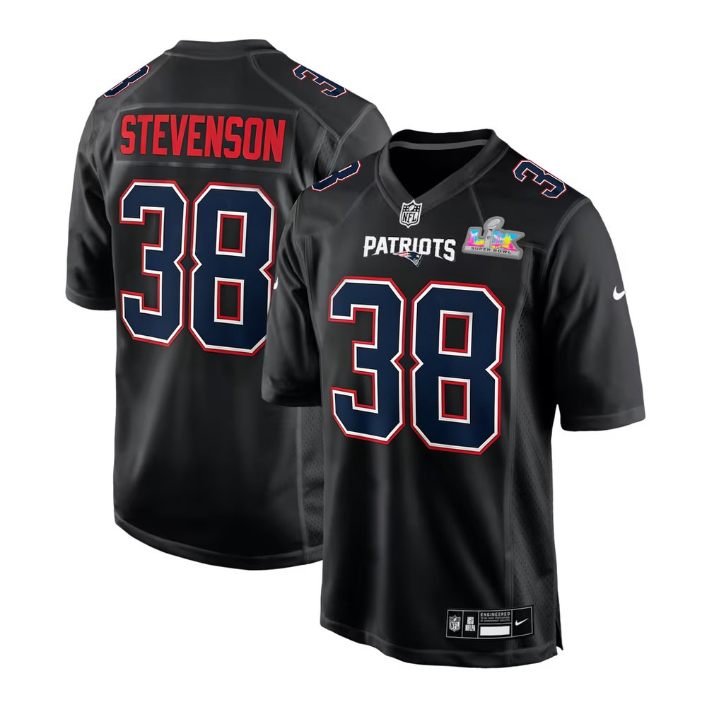 Men's New England Patriots #38 Rhamondre Stevenson Black Super Bowl LX Patch Carbon Fashion Game Jersey