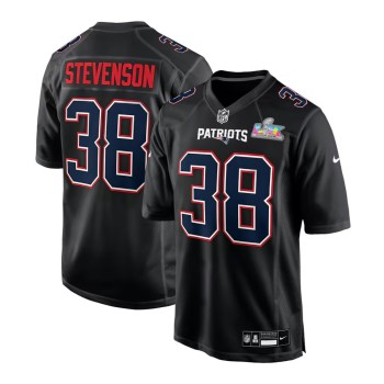 Men's New England Patriots #38 Rhamondre Stevenson Black Super Bowl LX Patch Carbon Fashion Game Jersey