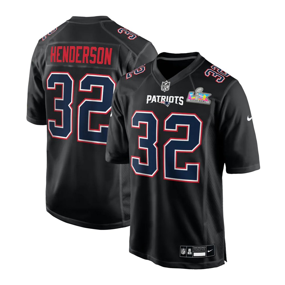 Men's New England Patriots #32 TreVeyon Henderson Black Super Bowl LX Patch Carbon Fashion Game Jersey