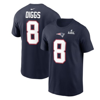 Men's New England Patriots #8 Stefon Diggs Navy Super Bowl LX Patch Name & Number T-Shirt