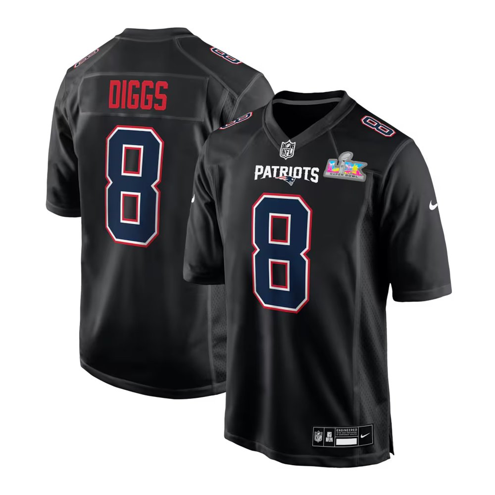 Men's New England Patriots #8 Stefon Diggs Black Super Bowl LX Patch Carbon Fashion Game Jersey
