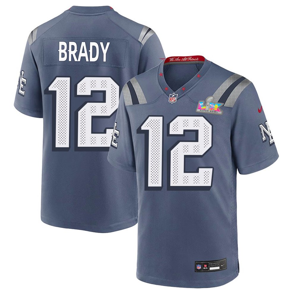 Youth New England Patriots #12 Tom Brady Blue Super Bowl LX Patch Rivalries Collection Game Jersey