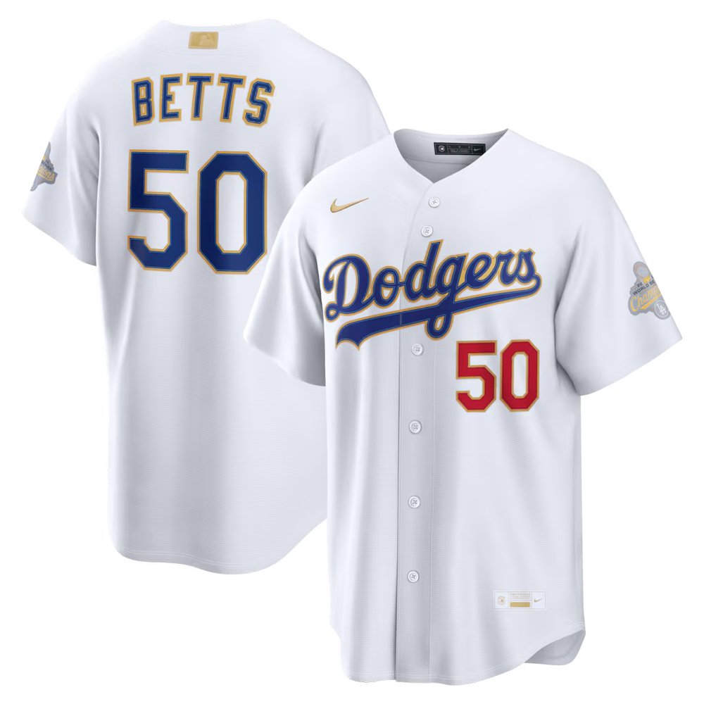 Men's Los Angeles Dodgers #50 Mookie Betts Nike White 2026 Gold Collection Stadium Jersey Men's Los Angeles Dodgers #50 Mookie Betts Nike White 2026 Gold Collection Stadium Jersey