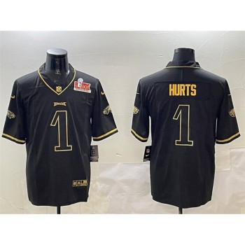 Men's Philadelphia Eagles #1 Jalen Hurts Black/Gold 2025 Super Bowl LIX Patch Salute To Service Vapor Untouchable Limited Stitched Football Jersey Men's Philadelphia Eagles #1 Jalen Hurts Black/Gold 2025 Super Bowl LIX Patch Salute To Service Vapor Untouchable Limited Stitched Football Jersey