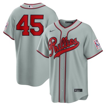 Men's Philadelphia Phillies #45 Zack Wheeler Nike Gray 2026 Field of Dreams Stadium Jersey Men's Philadelphia Phillies #45 Zack Wheeler Nike Gray 2026 Field of Dreams Stadium Jersey