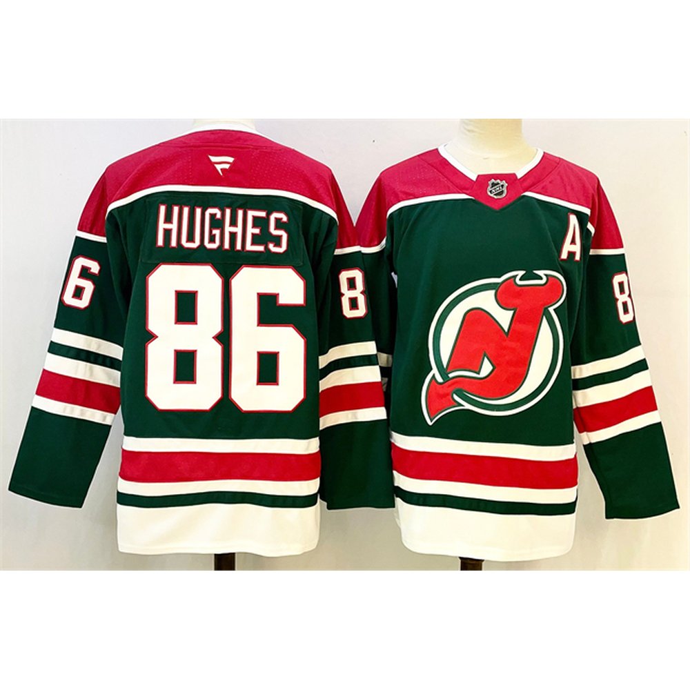 Men's New Jersey Devils #86 Jack Hughes Green/Red 2024-25 With A Patch Stitched Hockey Premium Jersey Men's New Jersey Devils #86 Jack Hughes Green/Red 2024-25 With A Patch Stitched Hockey Premium Jersey