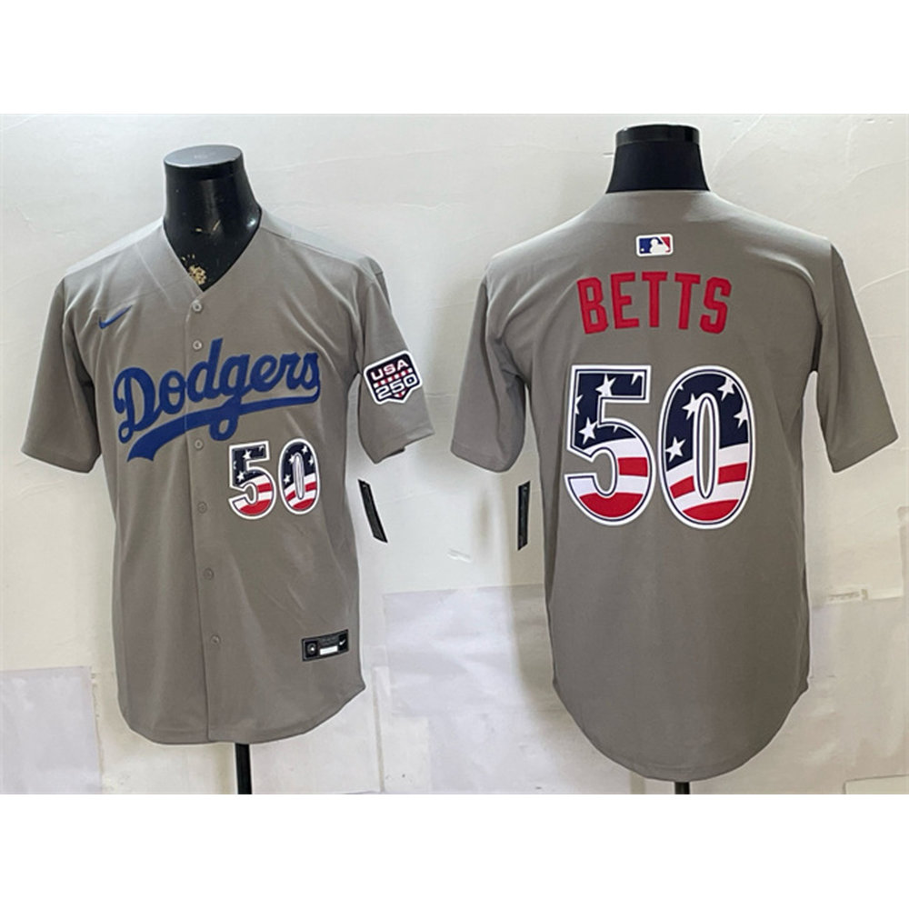 Men's Los Angeles Dodgers #50 Mookie Betts Grey 250 Fourth of July Road Stitched Baseball Jersey Men's Los Angeles Dodgers #50 Mookie Betts Grey 250 Fourth of July Road Stitched Baseball Jersey