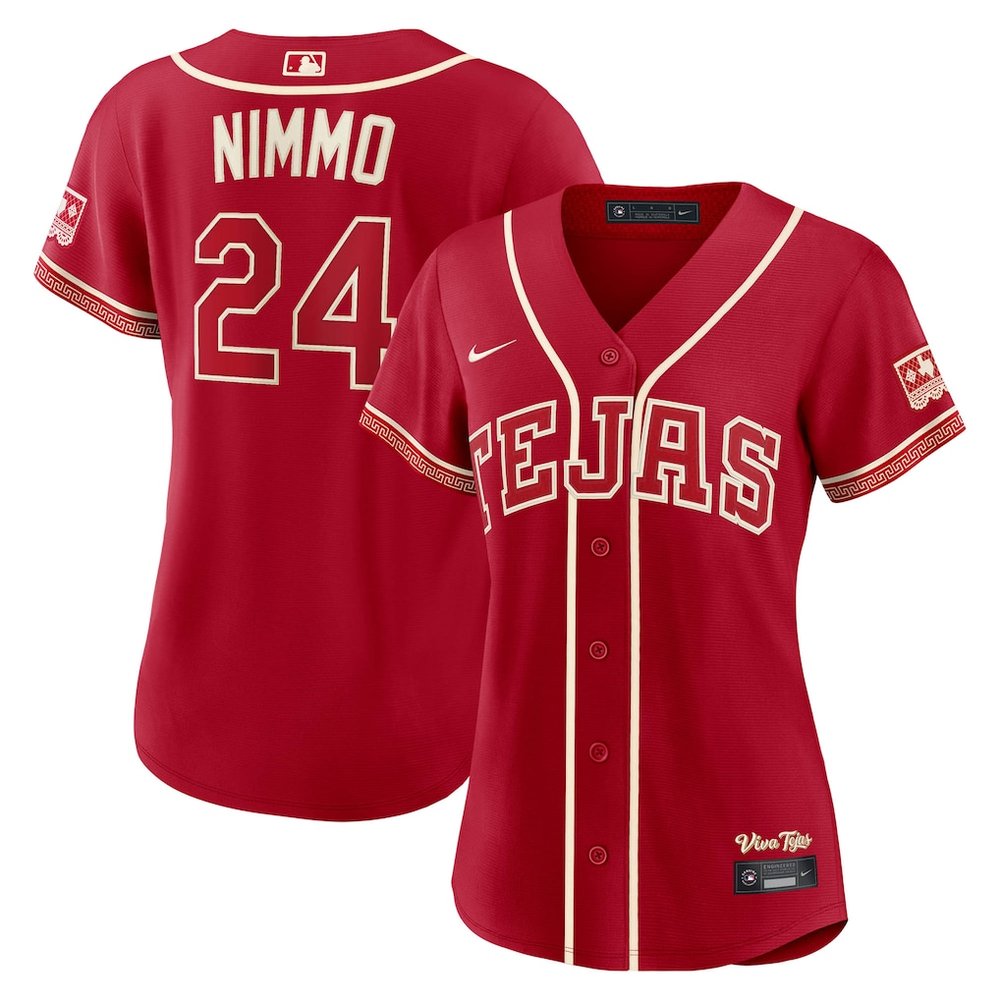 Women's Texas Rangers #24 Brandon Nimmo Nike Red 2026 City Connect Stadium Jerse Women's Texas Rangers #24 Brandon Nimmo Nike Red 2026 City Connect Stadium Jerse