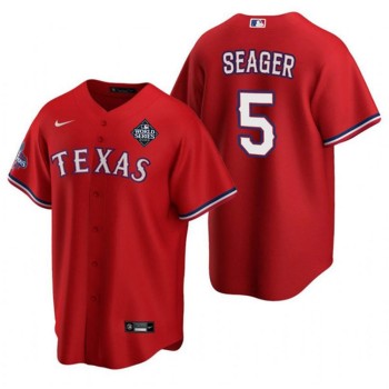 Men's Texas Rangers #5 Corey Seager Red 2023 World Series Patch And Champions Patch Cool Base Stitched Baseball Jersey Men's Texas Rangers #5 Corey Seager Red 2023 World Series Patch And Champions Patch Cool Base Stitched Baseball Jersey