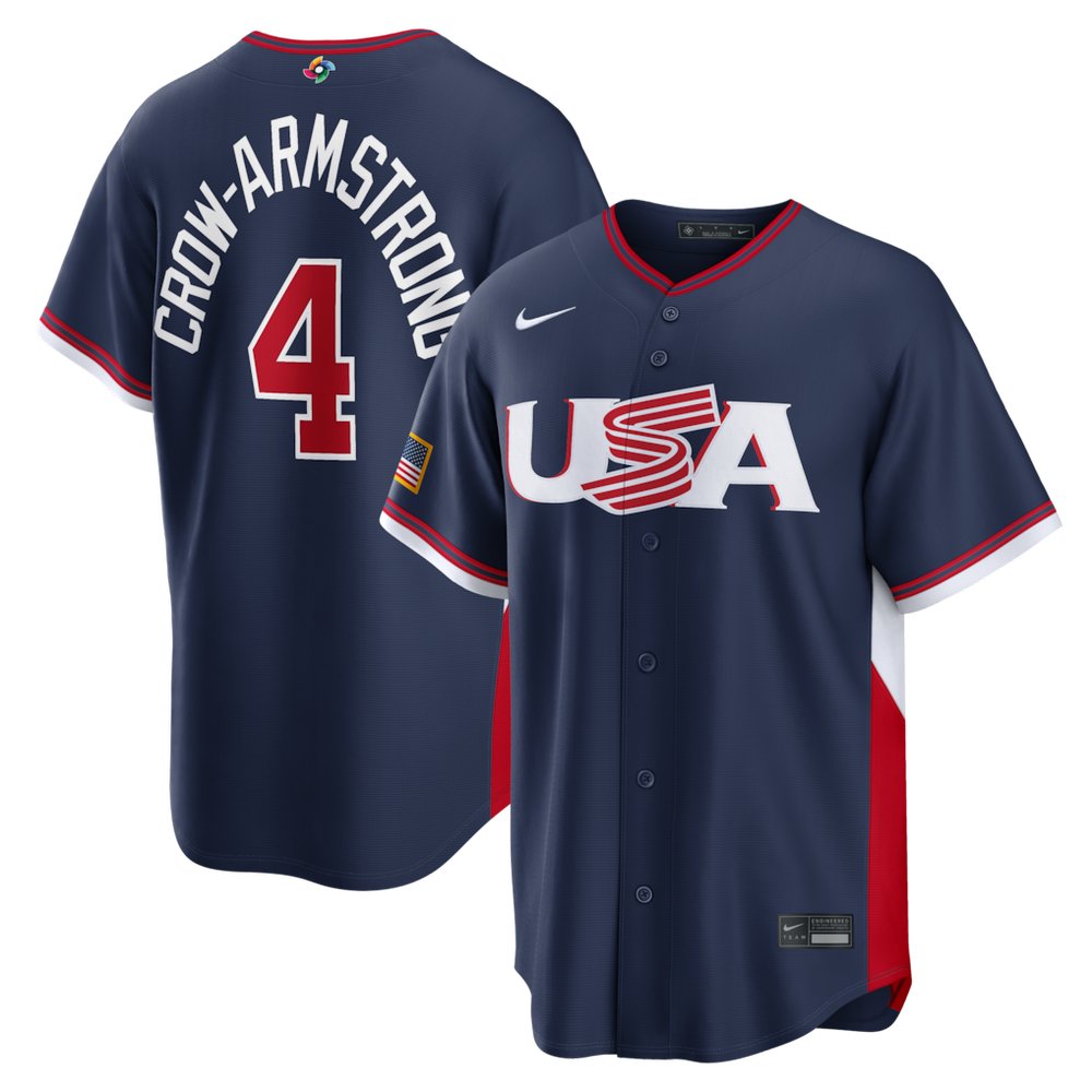 Men's USA Baseball #4 Pete Crow-Armstrong Navy 2026 World Baseball Classic Road Stadium Jersey Men's USA Baseball #4 Pete Crow-Armstrong Navy 2026 World Baseball Classic Road Stadium Jersey