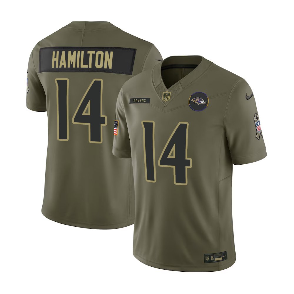 Men's Baltimore Ravens #14 Kyle Hamilton Nike Olive 2025 Salute to Service Retired Limited Jersey Men's Baltimore Ravens #14 Kyle Hamilton Nike Olive 2025 Salute to Service Retired Limited Jersey