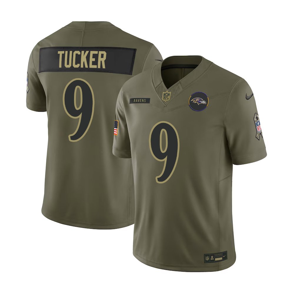 Men's Baltimore Ravens #9 Justin Tucker Nike Olive 2025 Salute to Service Retired Limited Jersey