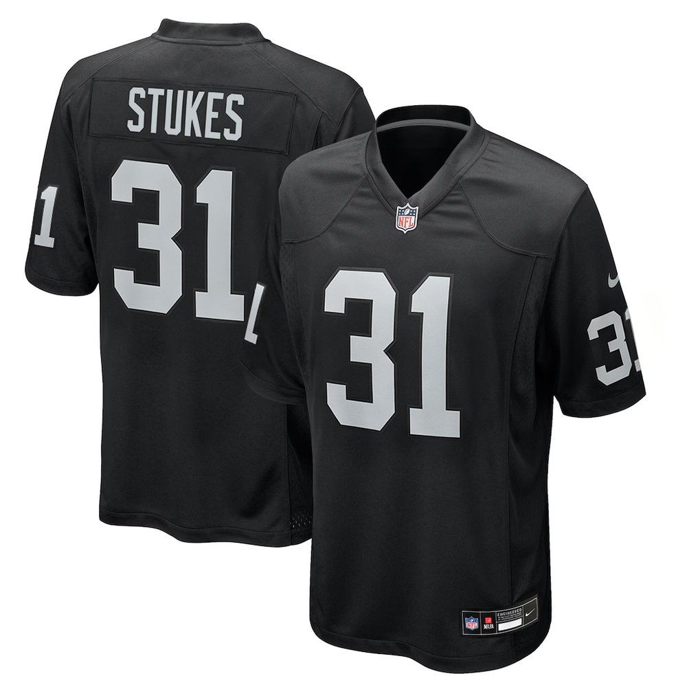Men's Las Vegas Raiders #31 Treydan Stukes Black 2026 NFL Draft Game Jersey Men's Las Vegas Raiders #31 Treydan Stukes Black 2026 NFL Draft Game Jersey