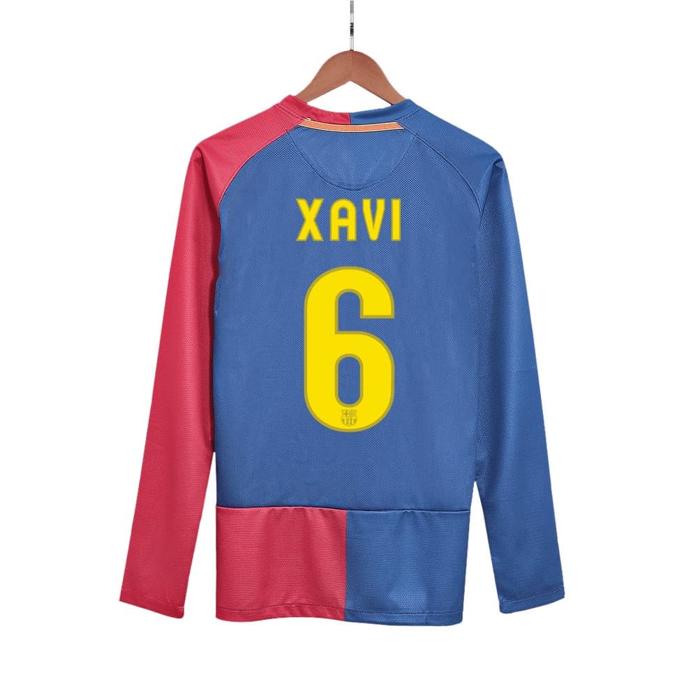 Men's XAVI #6 Barcelona Home Long Sleeve Retro Soccer Jersey - UCL Final 2008/09