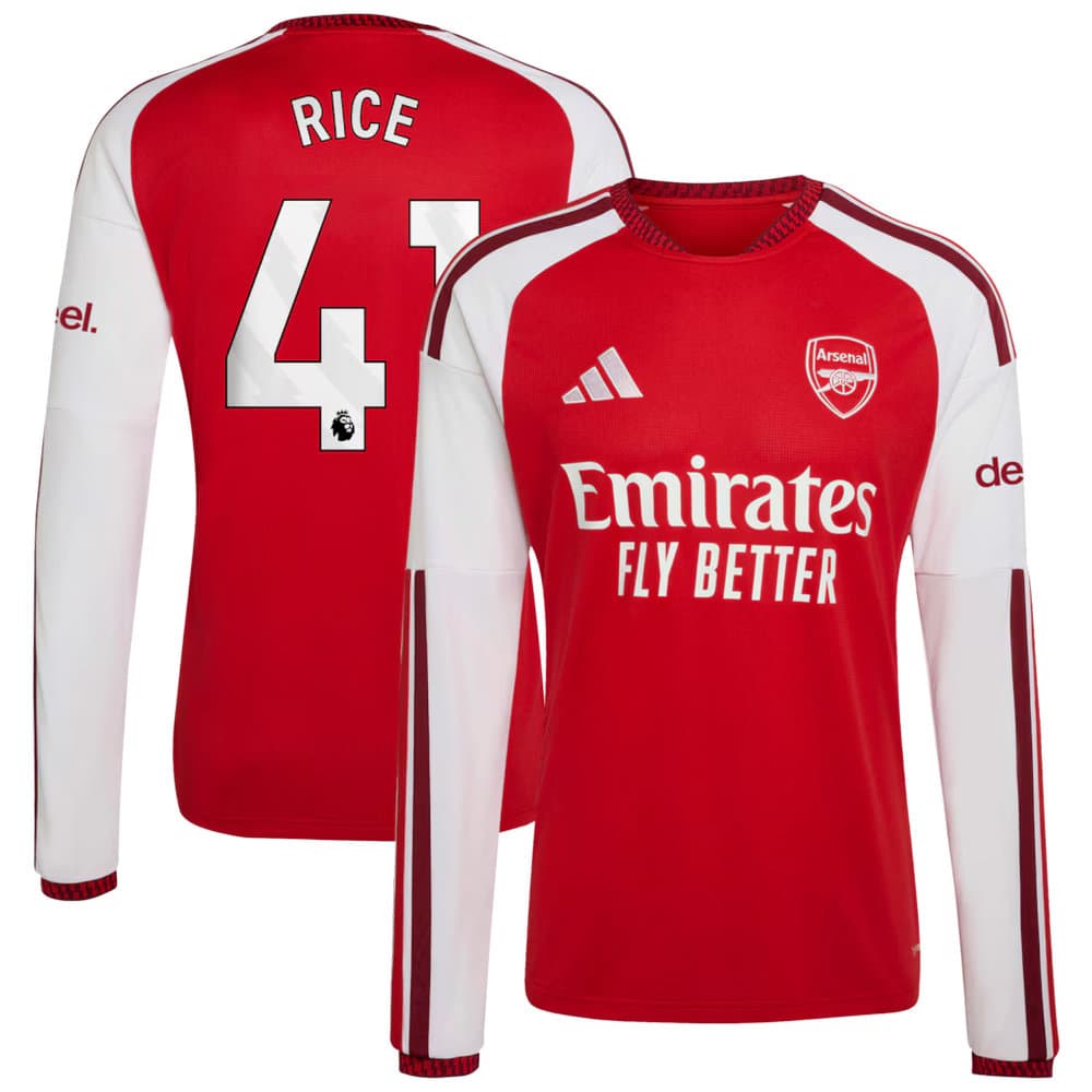 Men's RICE #41 Arsenal Home Replica Long Sleeve Jersey 2026/27