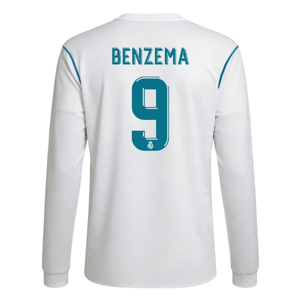 Men's BENZEMA #9 Real Madrid Home Long Sleeve Retro Soccer Jersey 2017/18