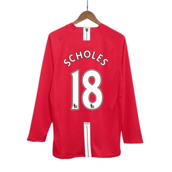 Men's SCHOLES #18 Manchester United Home Long Sleeve Retro Soccer Jersey 2007/08 Men's SCHOLES #18 Manchester United Home Long Sleeve Retro Soccer Jersey 2007/08