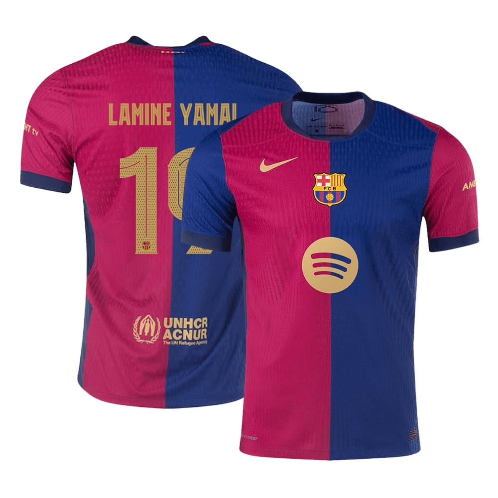 Men's LAMINE YAMAL #19 Barcelona Home Authentic Soccer Jersey -UCL Spotify Logo Without Text 2024/25