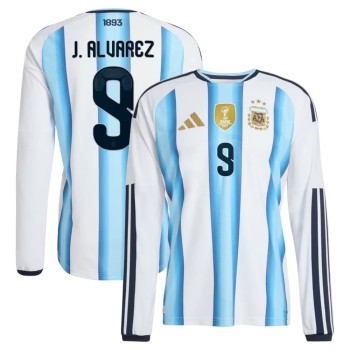 Men's J. Alvarez #9 Argentina Home Authentic Long Sleeve Jersey World Cup 2026