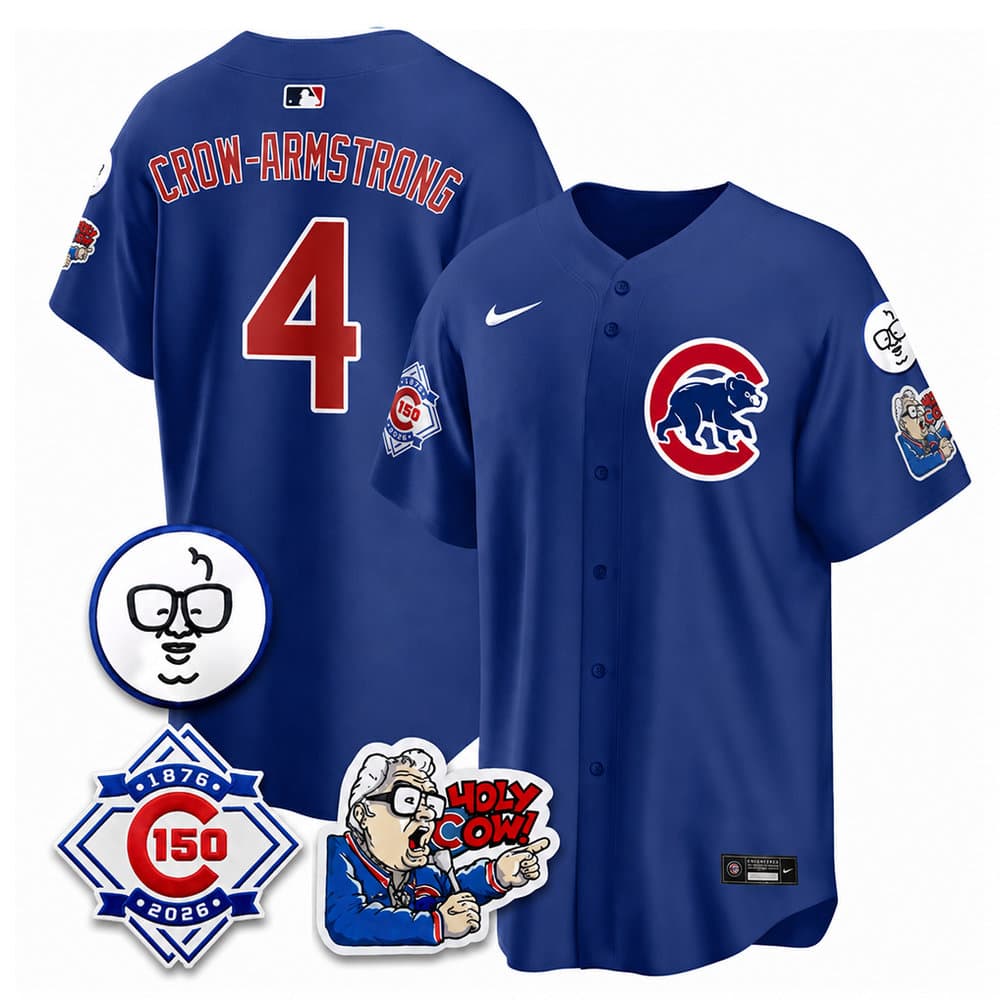 Men's Chicago Cubs #4 Pete Crow-Armstrong Royal 150th Anniversary Stitched Baseball Jersey Men's Chicago Cubs #4 Pete Crow-Armstrong Royal 150th Anniversary Stitched Baseball Jersey