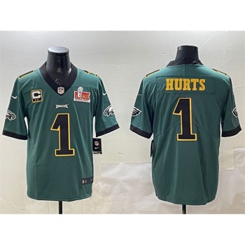 Men's Philadelphia Eagles #1 Jalen Hurts Green Golden 2025 Super Bowl LIX Patch And 2-star C Patch Vapor Untouchable Limited Stitched Football Jersey Men's Philadelphia Eagles #1 Jalen Hurts Green Golden 2025 Super Bowl LIX Patch And 2-star C Patch Vapor Untouchable Limited Stitched Football Jersey
