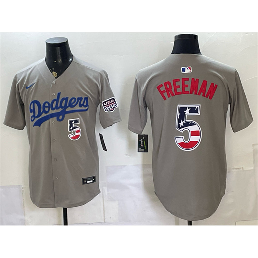 Men's Los Angeles Dodgers #5 Freddie Freeman Grey 250 Fourth of July Road Stitched Baseball Jersey Men's Los Angeles Dodgers #5 Freddie Freeman Grey 250 Fourth of July Road Stitched Baseball Jersey