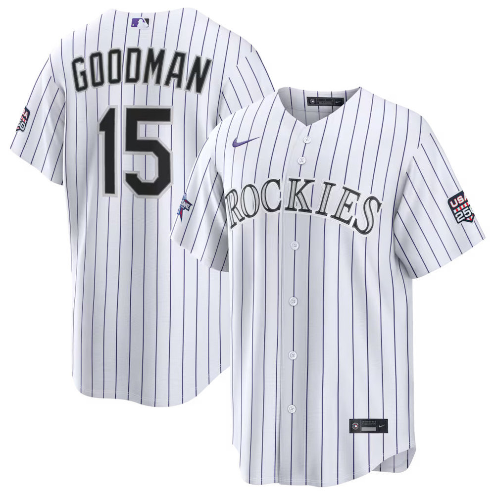 Men's Colorado Rockies #15 Hunter Goodman Nike White 2026 All-Star Game Replica Jersey Men's Colorado Rockies #15 Hunter Goodman Nike White 2026 All-Star Game Replica Jersey