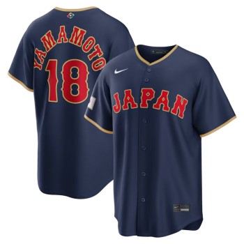 Men's Japan Baseball #18 Yoshinobu Yamamoto Navy 2026 World Baseball Classic Road Stadium Jersey Men's Japan Baseball #18 Yoshinobu Yamamoto Navy 2026 World Baseball Classic Road Stadium Jersey