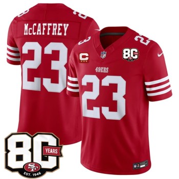 Men's San Francisco 49ers #23 Christian McCaffrey Red 2026 With 80th Anniversary & 3-Star C Patch Vapor F.U.S.E. Untouchabl Limited Jersey Men's San Francisco 49ers #23 Christian McCaffrey Red 2026 With 80th Anniversary & 3-Star C Patch Vapor F.U.S.E. Untouchabl Limited Jersey