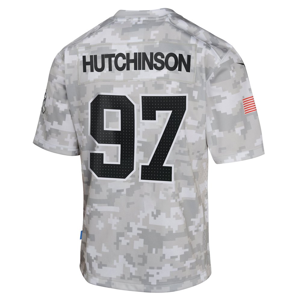 Youth Detroit Lions #97 Aidan Hutchinson Arctic Camo 2024 Salute to Service Game Jersey