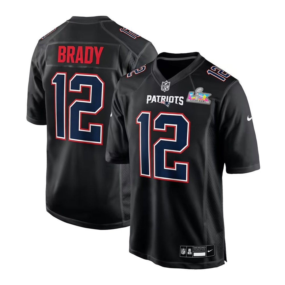 Men's New England Patriots #12 Tom Brady Black Super Bowl LX Patch Carbon Fashion Game Jersey
