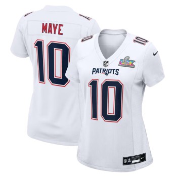 Women's New England Patriots #10 Drake Maye White Super Bowl LX Patch Tundra Fashion Game Jersey