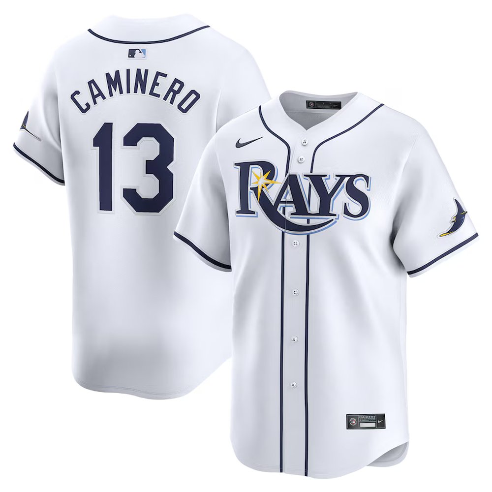 Men's Tampa Bay Rays #13 Junior Caminero White Home Limited Player Jersey Men's Tampa Bay Rays #13 Junior Caminero White Home Limited Player Jersey