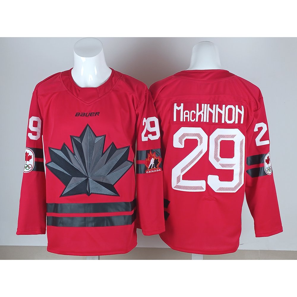 Men's Canada Hockey #29 Nathan MacKinnon Red 2026 Away Replica Jersey