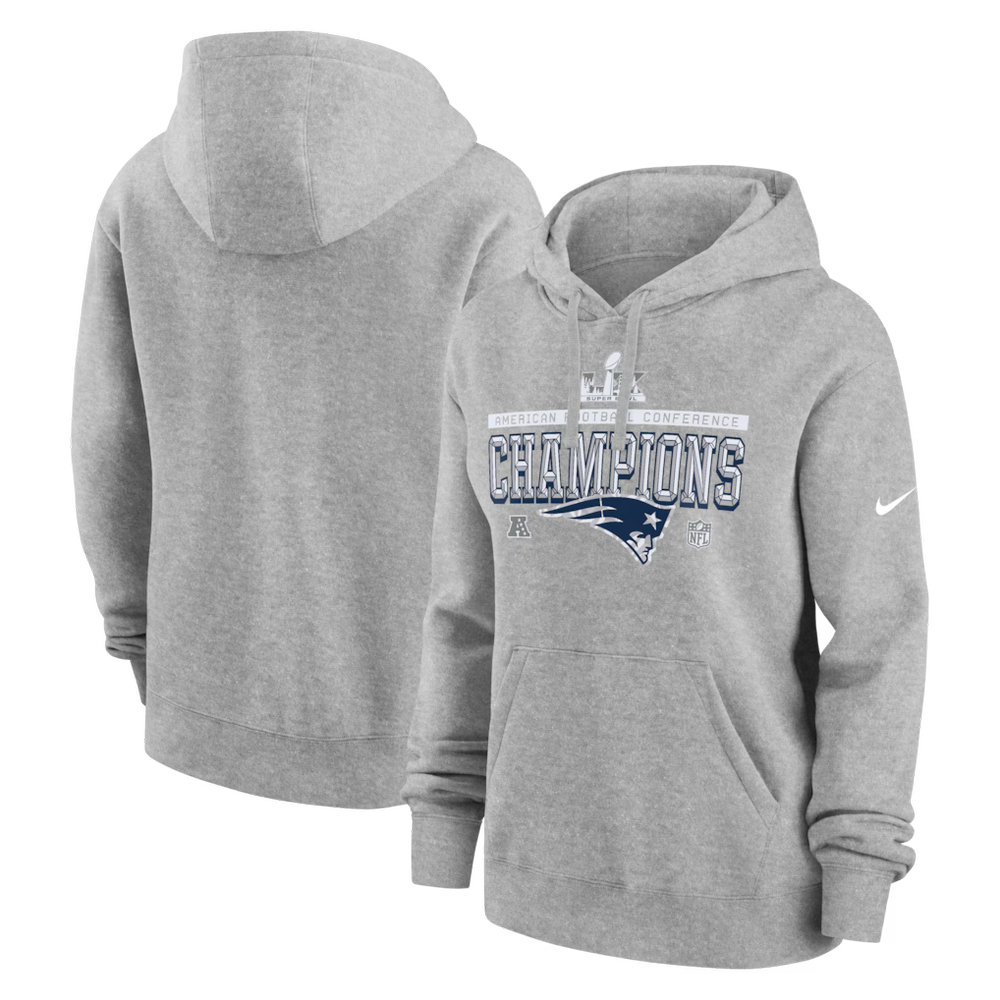Women's New England Patriots Nike Heather Gray 2025 AFC Champions Locker Room Trophy Collection Club Fleece Hoodie
