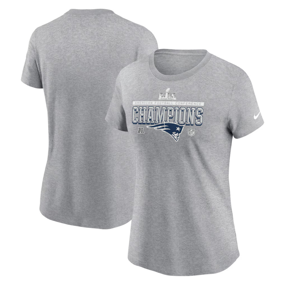 Women's New England Patriots Nike Heather Gray 2025 AFC Champions Locker Room Trophy Collection T-Shirt