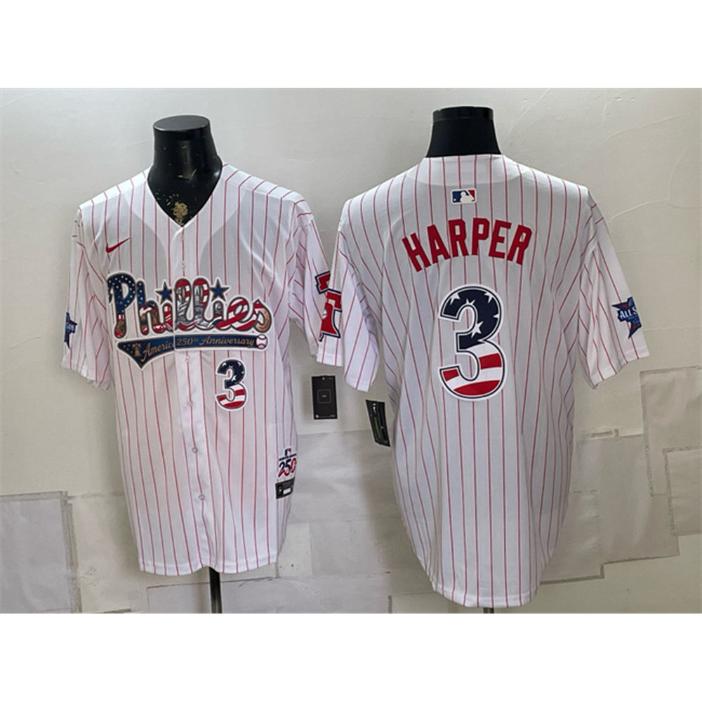 Men's Philadelphia Phillies #3 Bryce Harper White 2026 All-Star & USA 250 Fourth of July Home Jersey